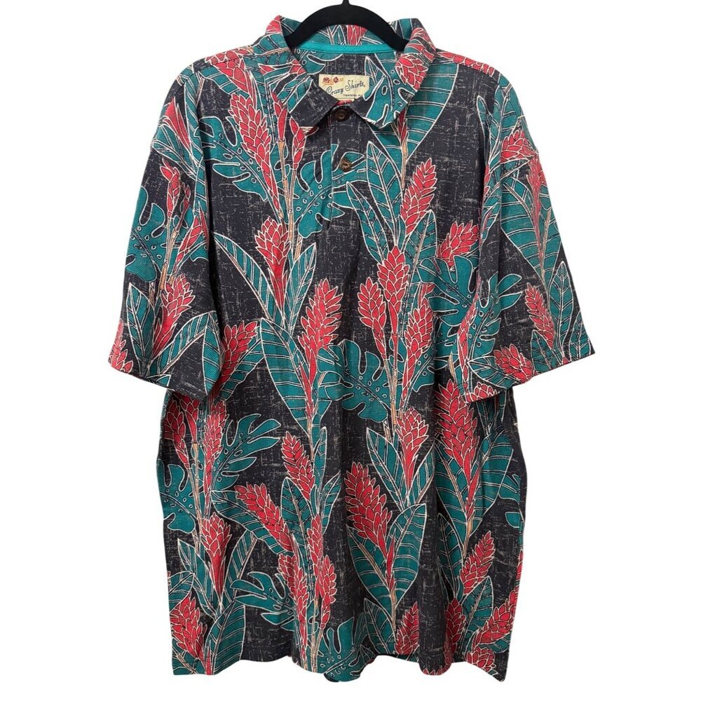 Crazy Shirts Hawaiian Polo XL Extra Large Black Red Ginger Floral Aloha New